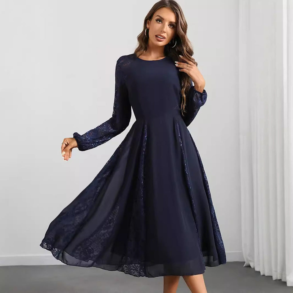 Sexy Long Sleeve Chiffon Stitching Lace Dress Women Clothing Evening Dress
