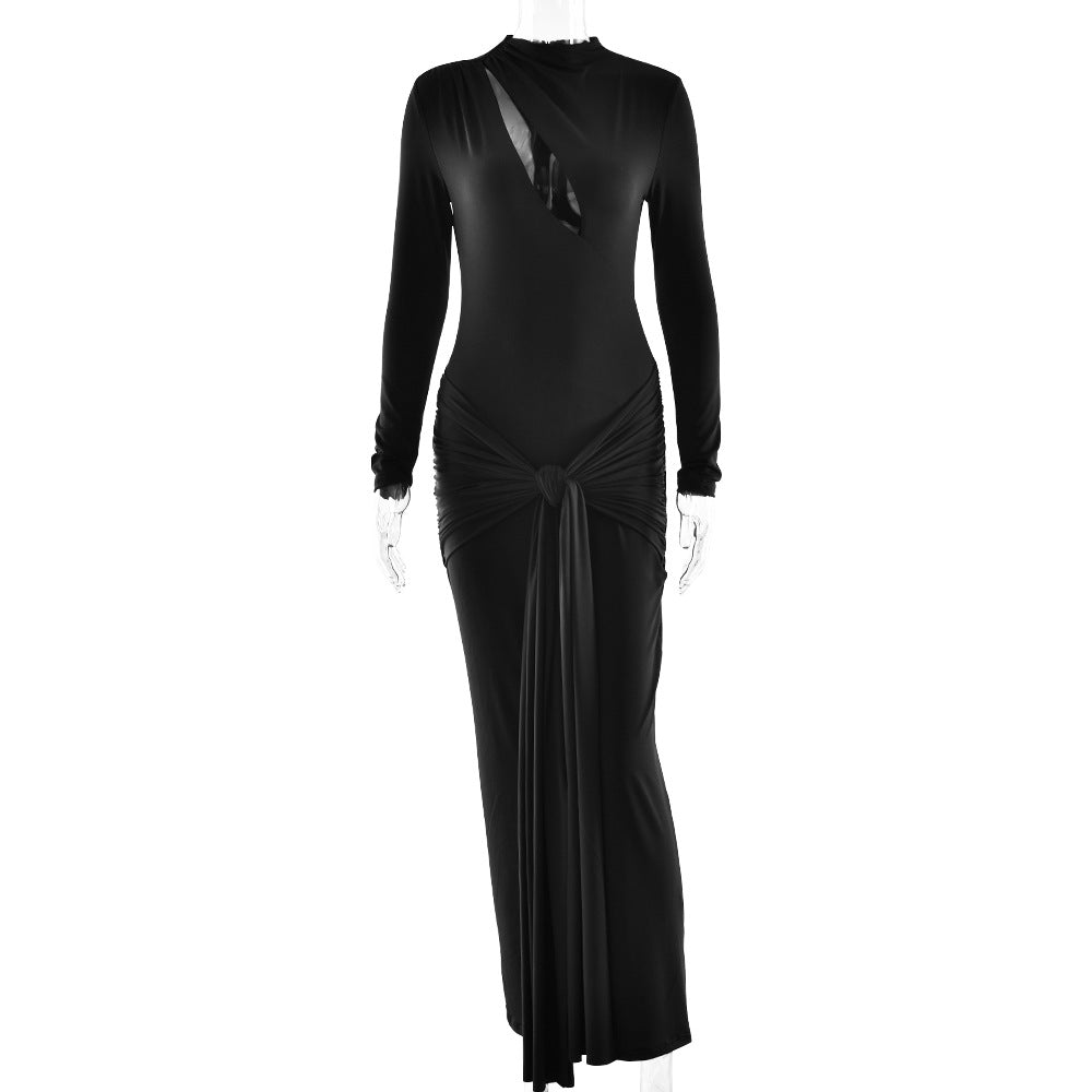 Cocktail Evening Dress Maxi Dress Sexy Tight Hollow Out Cutout round Neck Long Sleeve Solid Color Dress for Women