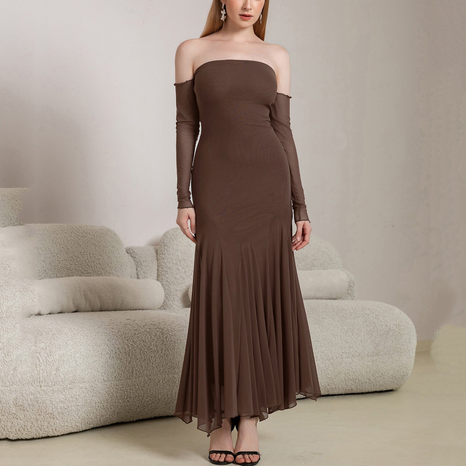 Autumn Winter Mesh Long Sleeve off Shoulder Dress Sexy Backless Ruffle Hip Irregular Asymmetric Maxi Dress