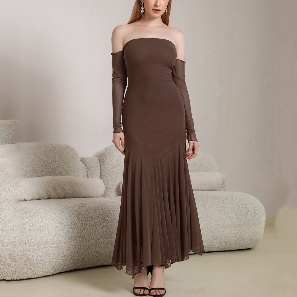 Autumn Winter Mesh Long Sleeve off Shoulder Dress Sexy Backless Ruffle Hip Irregular Asymmetric Maxi Dress