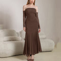 Autumn Winter Mesh Long Sleeve off Shoulder Dress Sexy Backless Ruffle Hip Irregular Asymmetric Maxi Dress