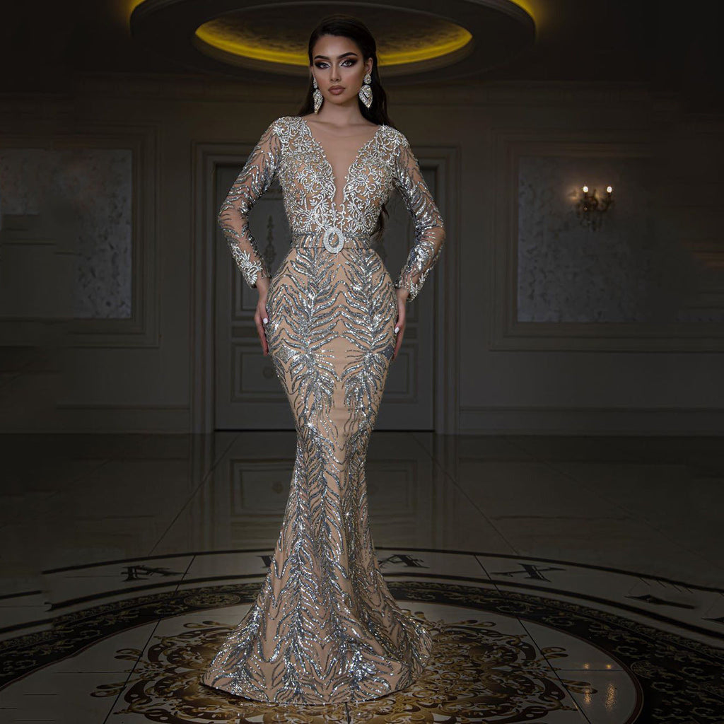 Women Clothing Dress Bronzing Long Sleeve Slim Sexy Fishtail Mopping Evening Dress