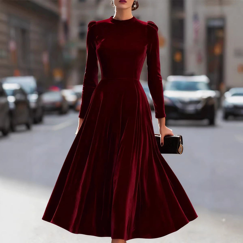 Women Clothing Spring Summer round Neck Korean Velvet Elegant Long Sleeved Dress