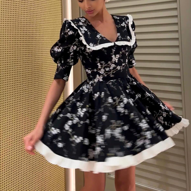 Women Digital Printed Peter Pan Collar Puff Sleeve High Waist Contrast Color A line Dress