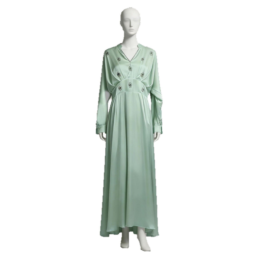 Spring Elegant Retro Diamond V neck Long Sleeve Dress Waist Slimming Dress for Women