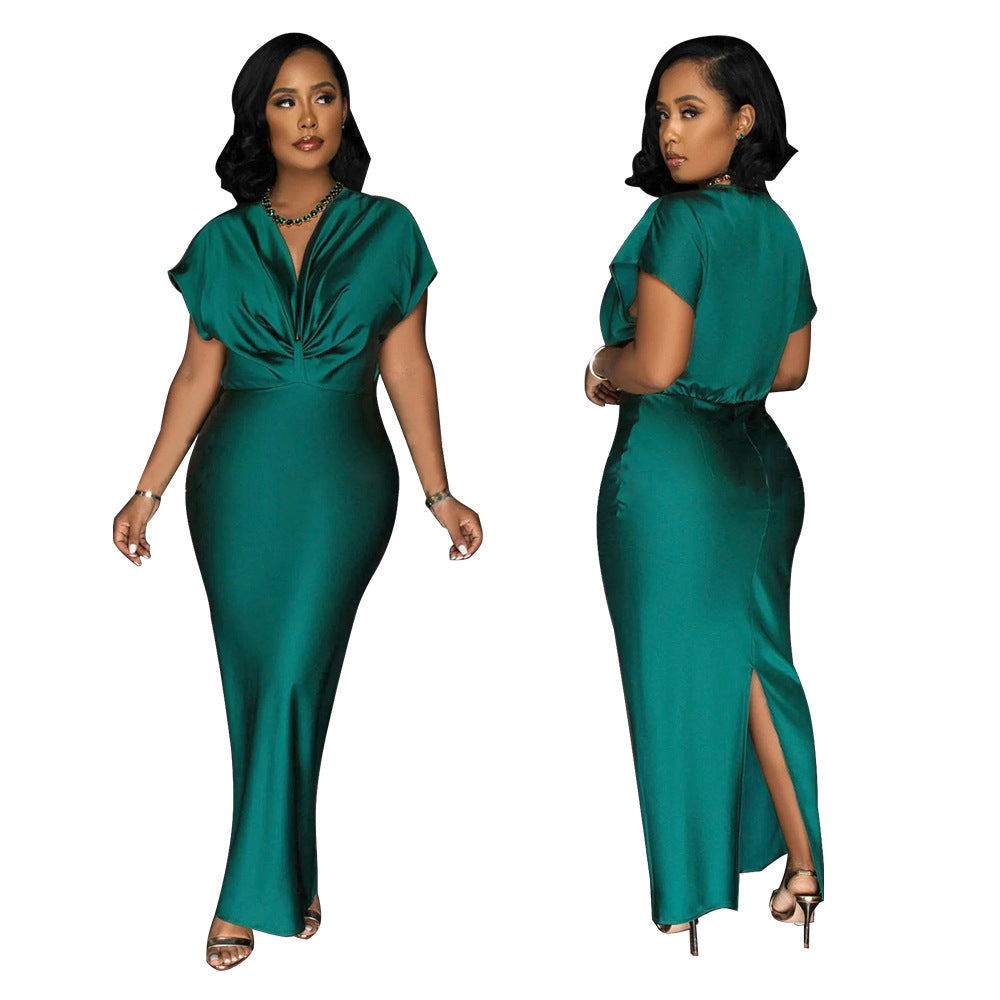 Women Wear V neck Short Sleeve Elegant Slim Back Slit Dress