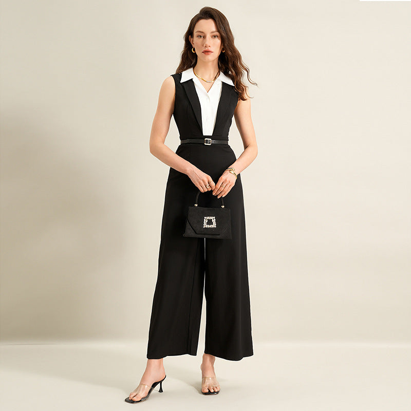 Summer Faux Two Piece Black White Color Stitching Turnover Neck Sleeveless Jumpsuit for Women（Without belt）