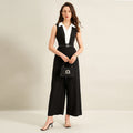 Summer Faux Two Piece Black White Color Stitching Turnover Neck Sleeveless Jumpsuit for Women（Without belt）