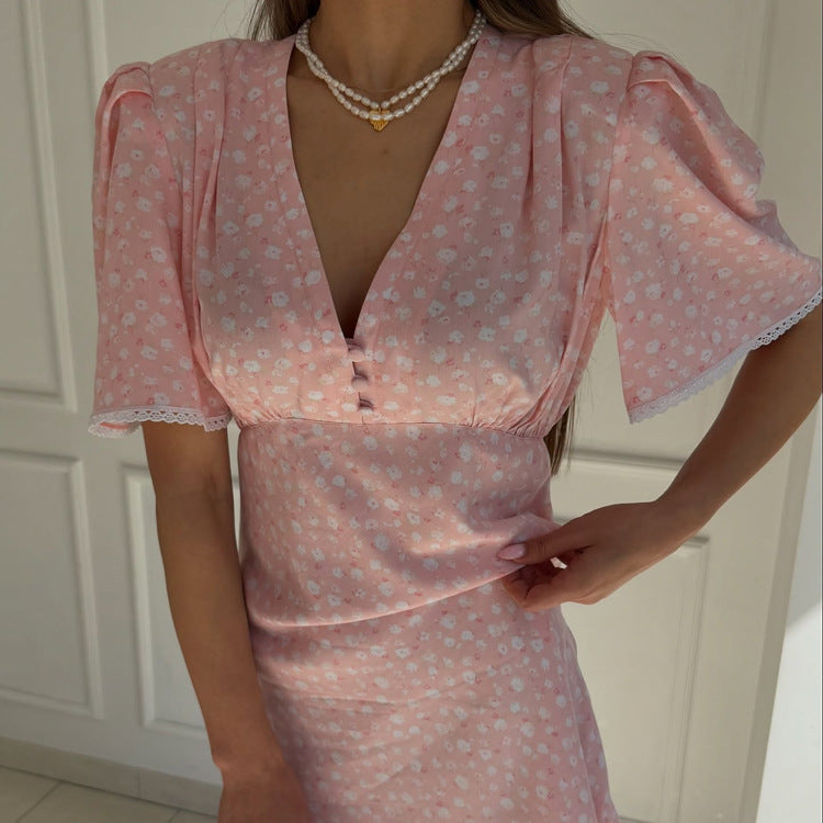 Women Clothing Summer Floral Dress Casual V neck Short Sleeve High Waist Short Dress