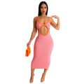 Women Clothing Solid Color Hollow Out Cutout Handmade Knitted Sweater Contrasting Color Dress