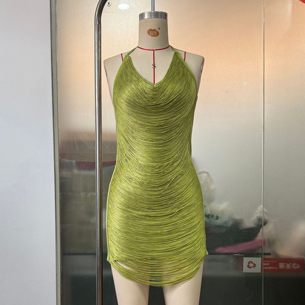 Women Sexy Halter Sling Tassel Lace up Backless Hollow Out Cutout out Party Sheath Dress