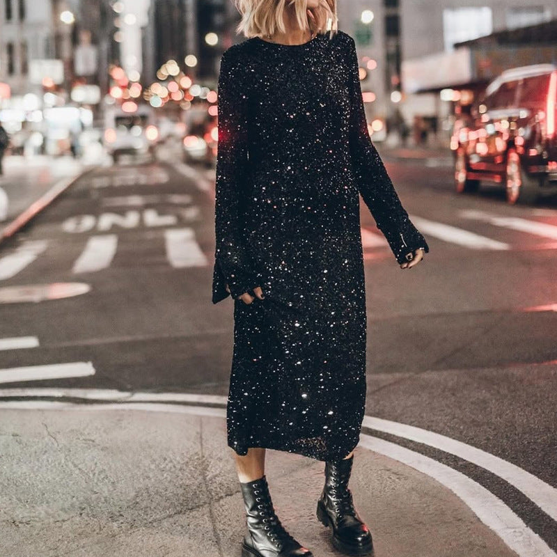 Simple Sequin Street Graceful Fashionable Long Sleeve Dress