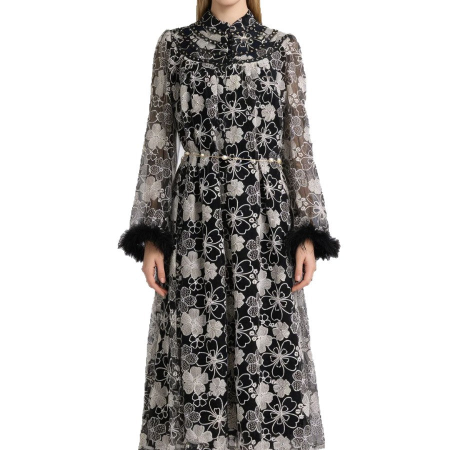 Spring Elegant Retro Stand Collar Fur Bell Sleeve Waist Slimming Floral Dress
