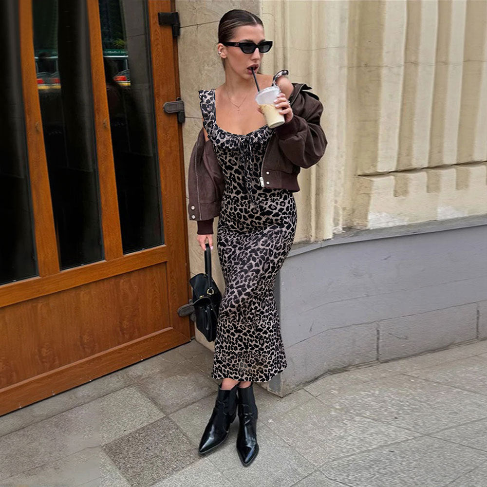 Vintage Leopard Print Lace up Waist Trimming Spaghetti Straps Dress Women Mid Length Sexy Slim Fit Figure Flattering Maxi Dress