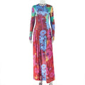 Women Clothing Vintage Crumpled Printed Patchwork Waist Slimming A line Dress round Neck Home Long Sleeve Dress