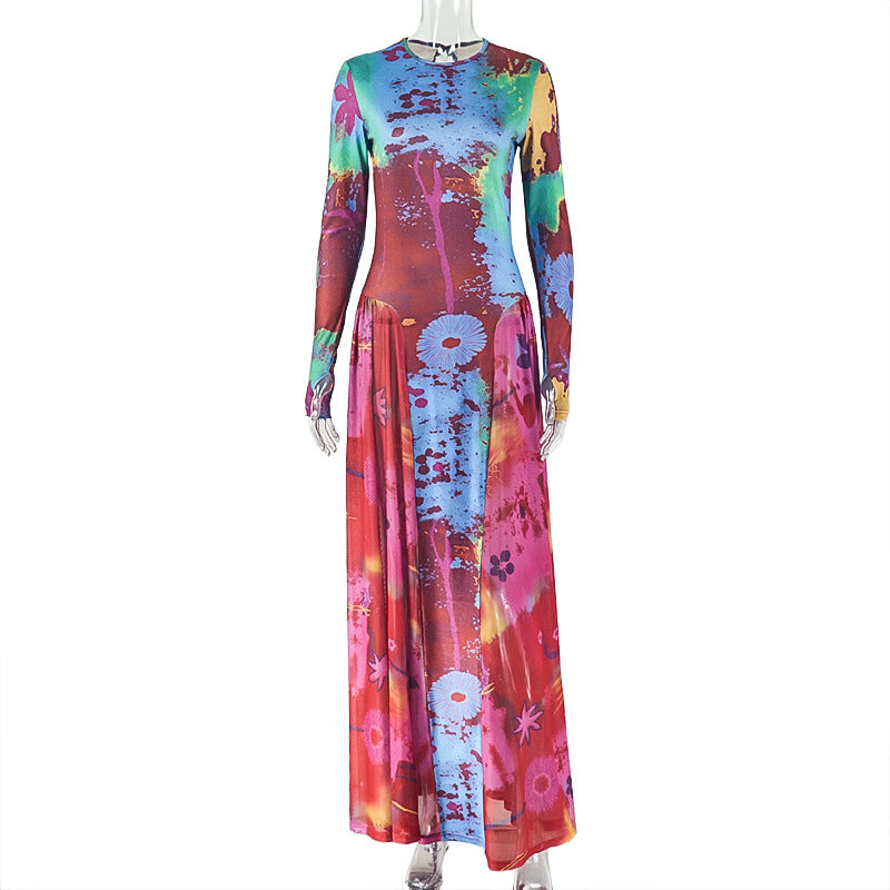 Women Clothing Vintage Crumpled Printed Patchwork Waist Slimming A line Dress round Neck Home Long Sleeve Dress