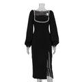 Design Diamond Square Collar Dress Women Elegant Long Sleeve Waist Tight Slit Sheath Dress