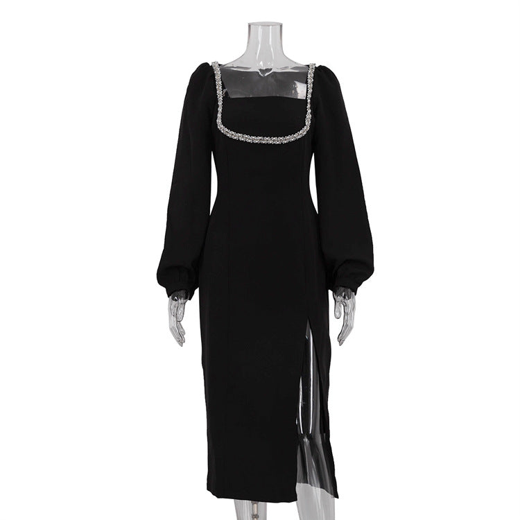 Design Diamond Square Collar Dress Women Elegant Long Sleeve Waist Tight Slit Sheath Dress