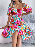Spring Summer Casual Floral Square Collar Short Sleeve Waist Trimming Ruffles A line Dress Women Clothing
