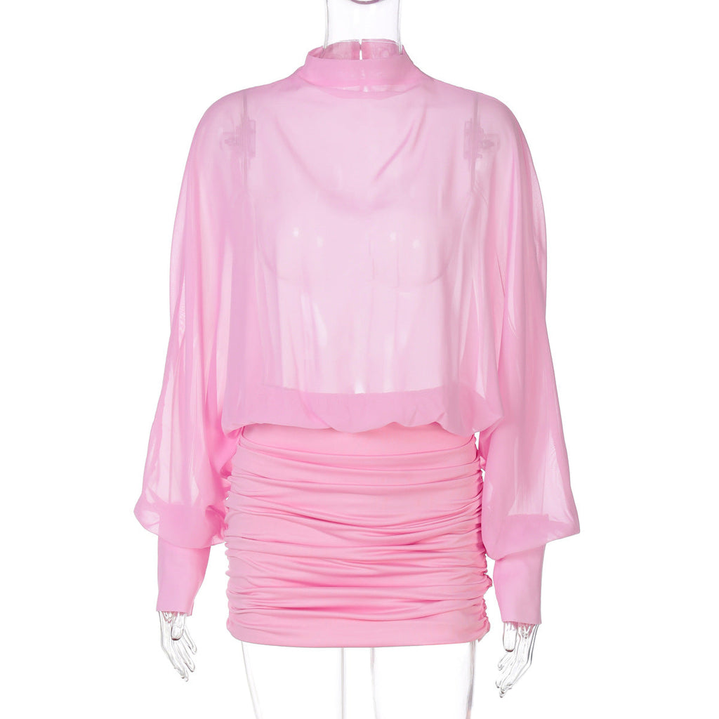 Women Clothing Summer Sexy Chiffon See through Stitching Crumpled Long Sleeve Dress