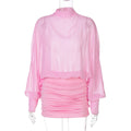 Women Clothing Summer Sexy Chiffon See through Stitching Crumpled Long Sleeve Dress