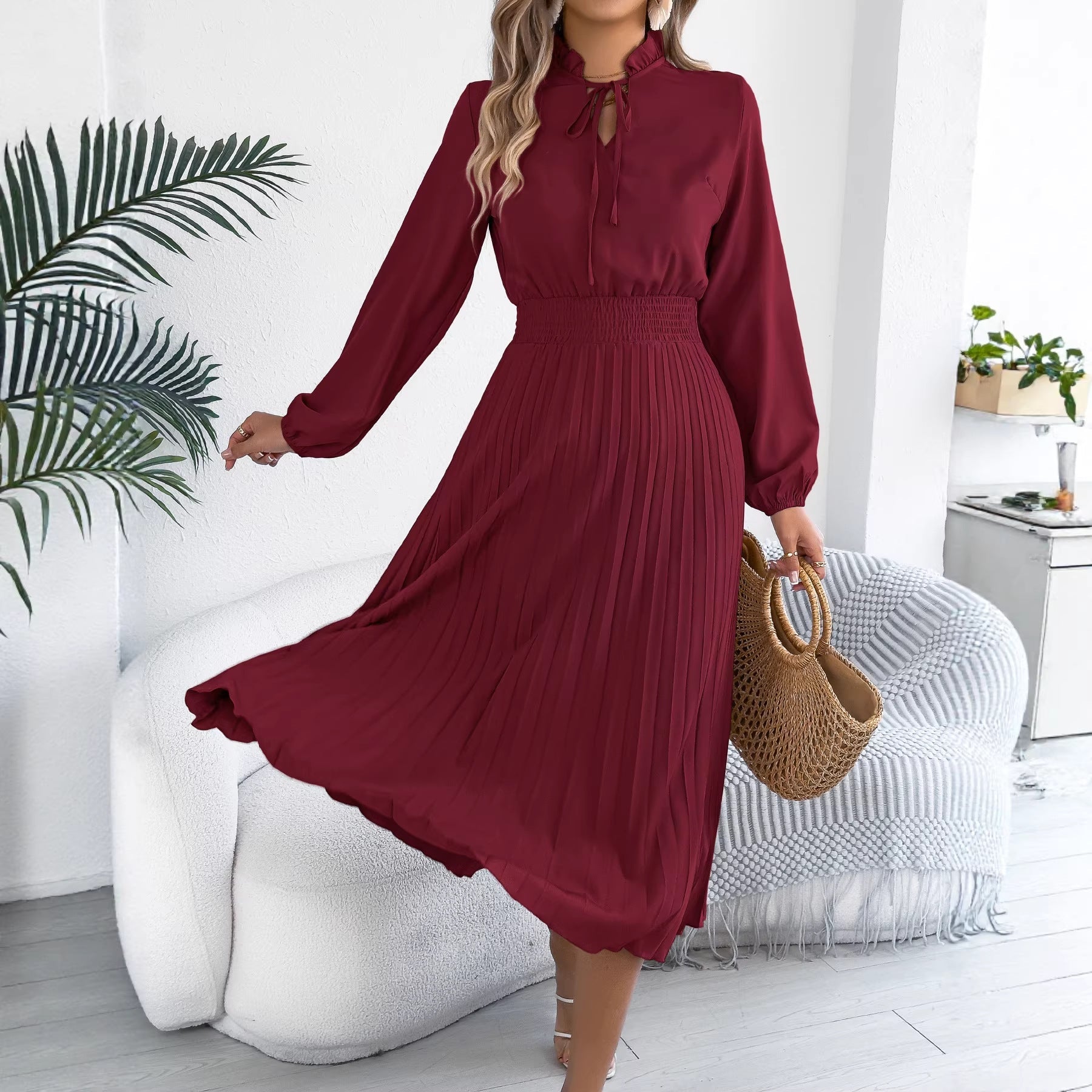 Women Clothing Spring Summer Elegant Lace up Lantern Sleeve Long Pleated Dress
