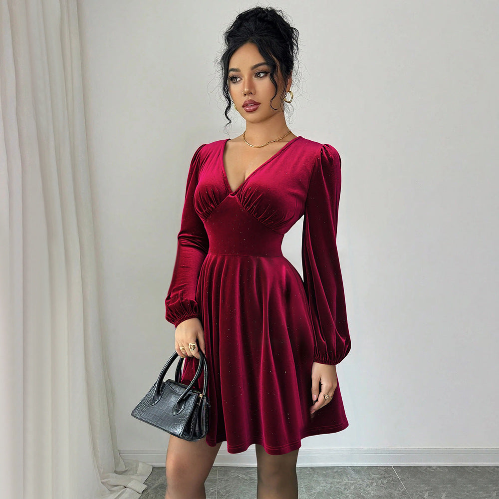 Retro Socialite Christmas Wine Red Velvet V neck Lantern Sleeve Slim Slimming A line Pleated Short Dress