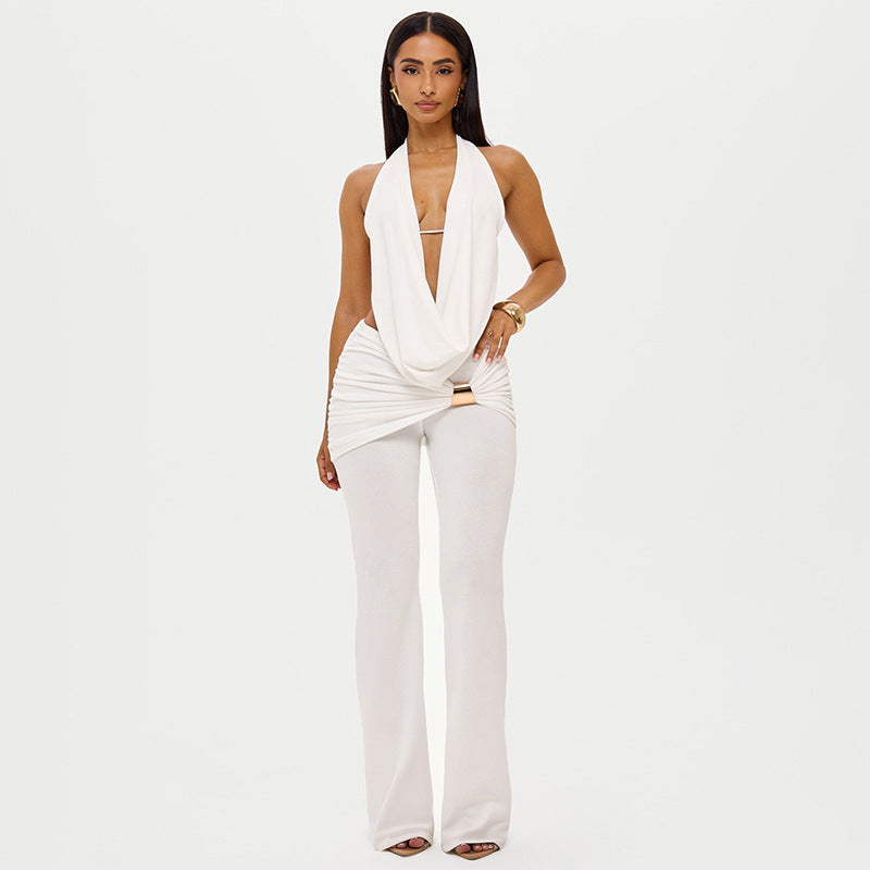 Women Clothing Winter Hanging Collar Backless Top Metal Buckle Bootcut Pants Two Piece Set
