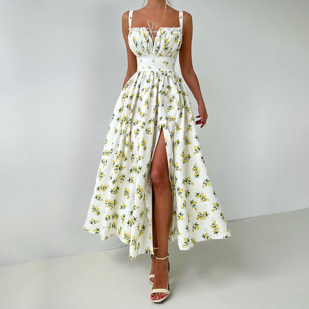 Cotton Suspender Dress Summer Split Waist Fitted Self Tie Dress Printing Dress