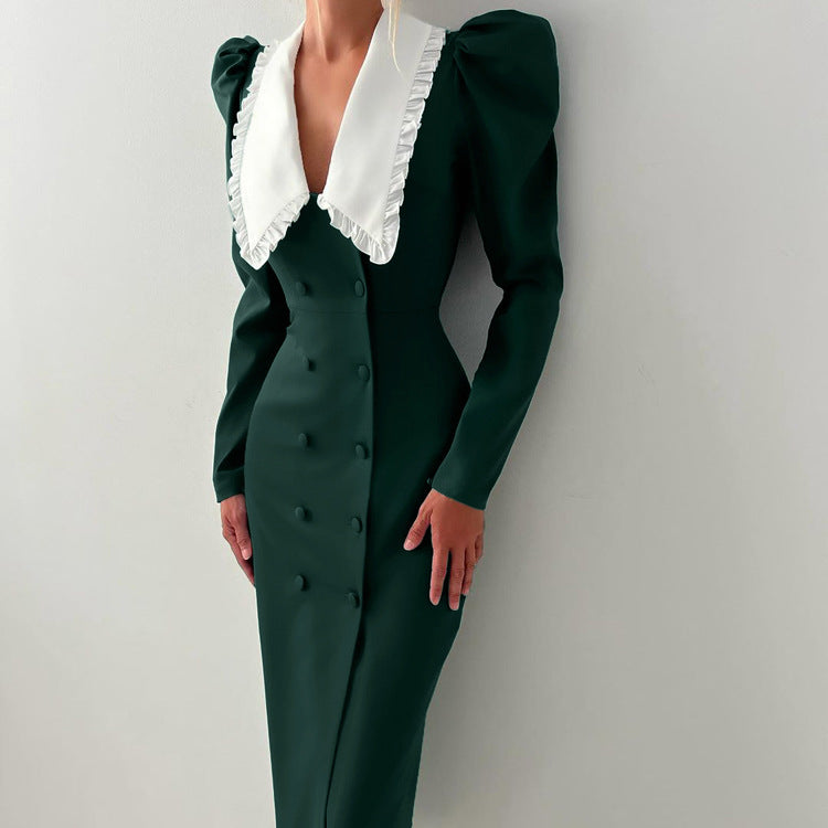 Spring Color Contrast Cardigan Sheath Dress Women Doll Collar Long Sleeve High Waist French Dress