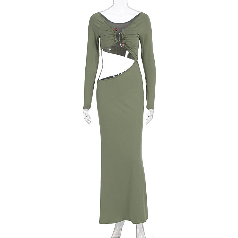 Women Clothing Maxi Dress Sexy Seaside Vacation Long Sleeve Hollow Out Cutout out Slim Dress