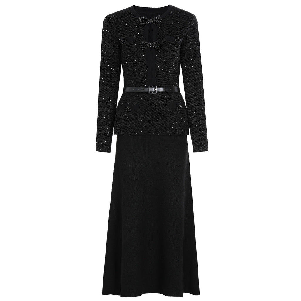 Spring Autumn Knitted round Neck Slim Fit Slimming Heavy Industry Beads Long Sleeve Dress