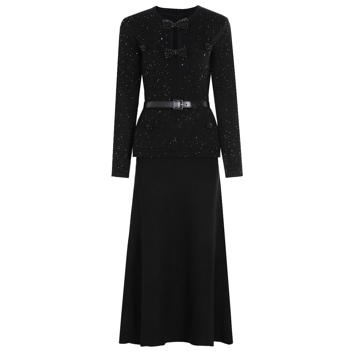 Spring Autumn Knitted round Neck Slim Fit Slimming Heavy Industry Beads Long Sleeve Dress