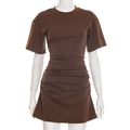 Women Clothing Spring Summer Solid Color round Neck Waist Sheath Pleated Dress