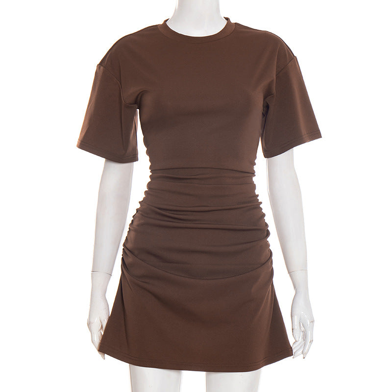 Women Clothing Spring Summer Solid Color round Neck Waist Sheath Pleated Dress