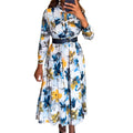 V neck Printed Waist-Controlled Casual Vacation Elegant Long Sleeve A line Dress （Without Belt）