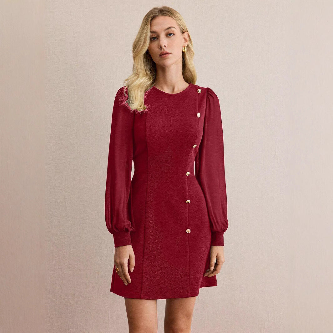 Early Spring Women Slim Fit Slimming Solid Color Clinch Stitching Long Sleeve Dress