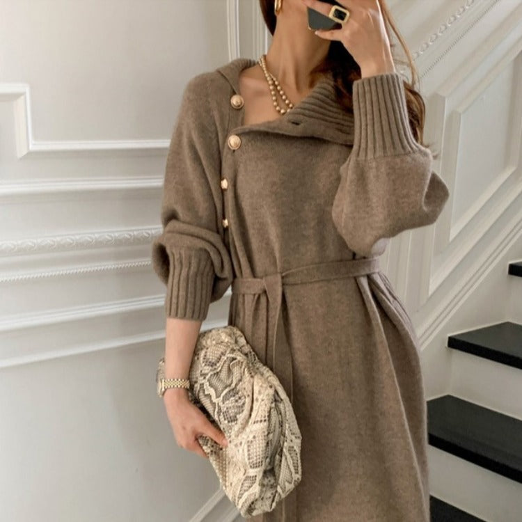 Japanese Korean Lace up Waist Trimming Knitted Dress Autumn Winter Loose Slimming All Matching Turtleneck Long Sweater for Women