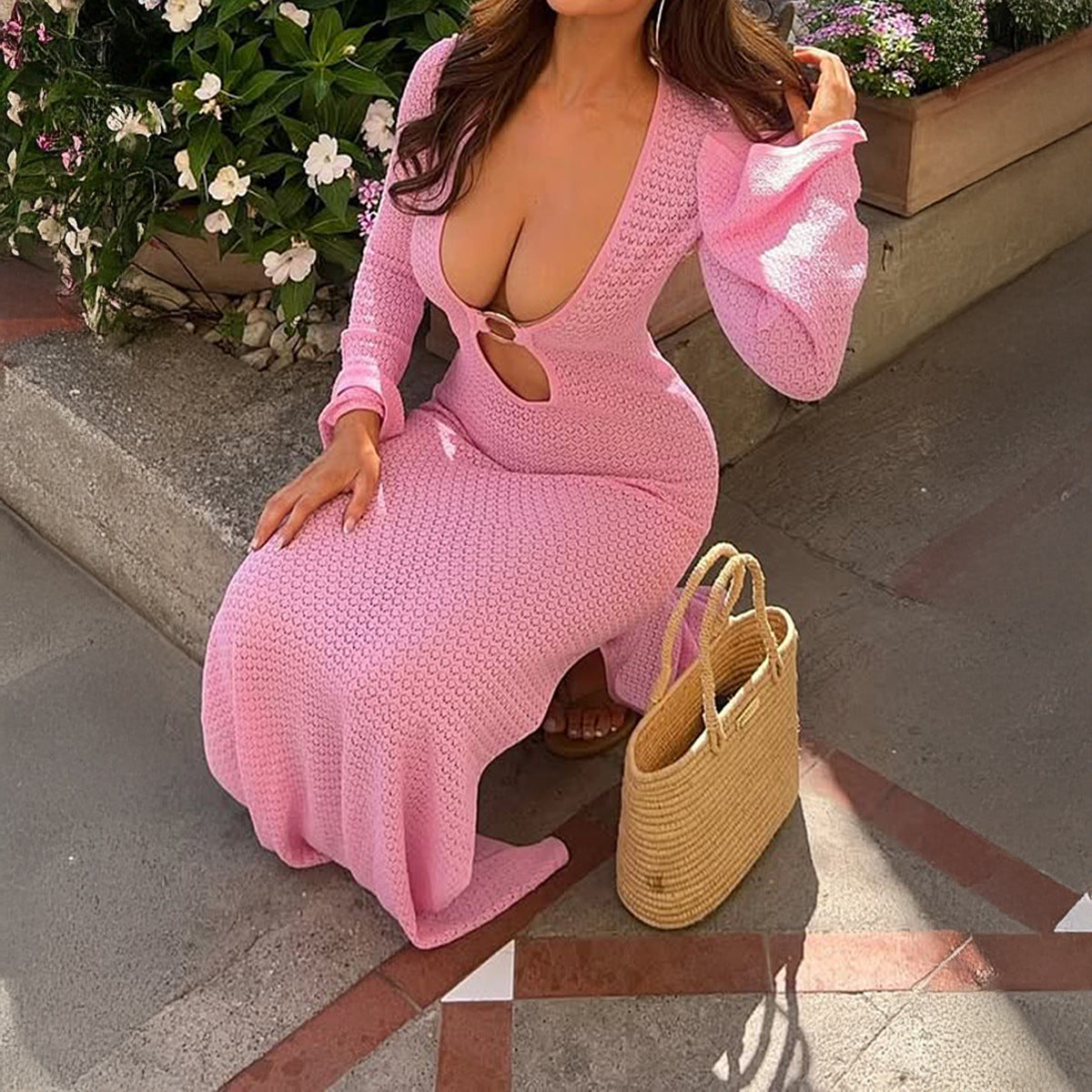 Spring Summer Vacation Women Deep V Plunge neck Long Sleeve Solid Color Woolen Buckle Dress for Women