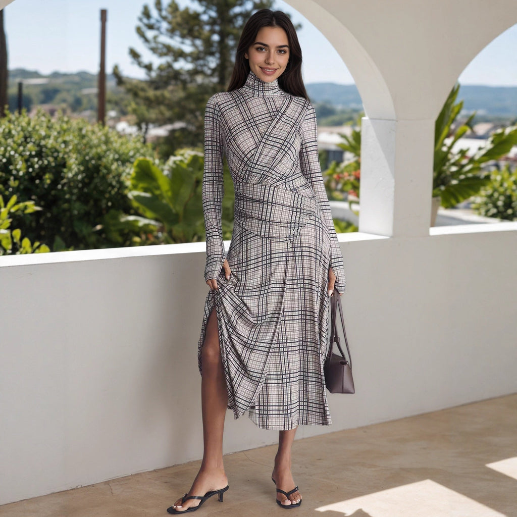 Autumn Winter Elegant Women Clothing Stand Collar Long Sleeve Plaid Fabric Pleated Slim Fit Casual Dress