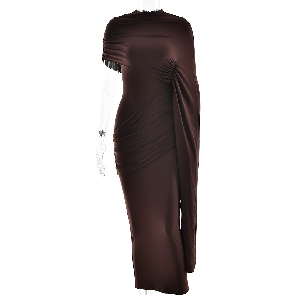 Arrival round Neck Shoulder Wrap Solid Color Dress Sexy Sexy Slim Fitting Patchwork Ribbon Dress