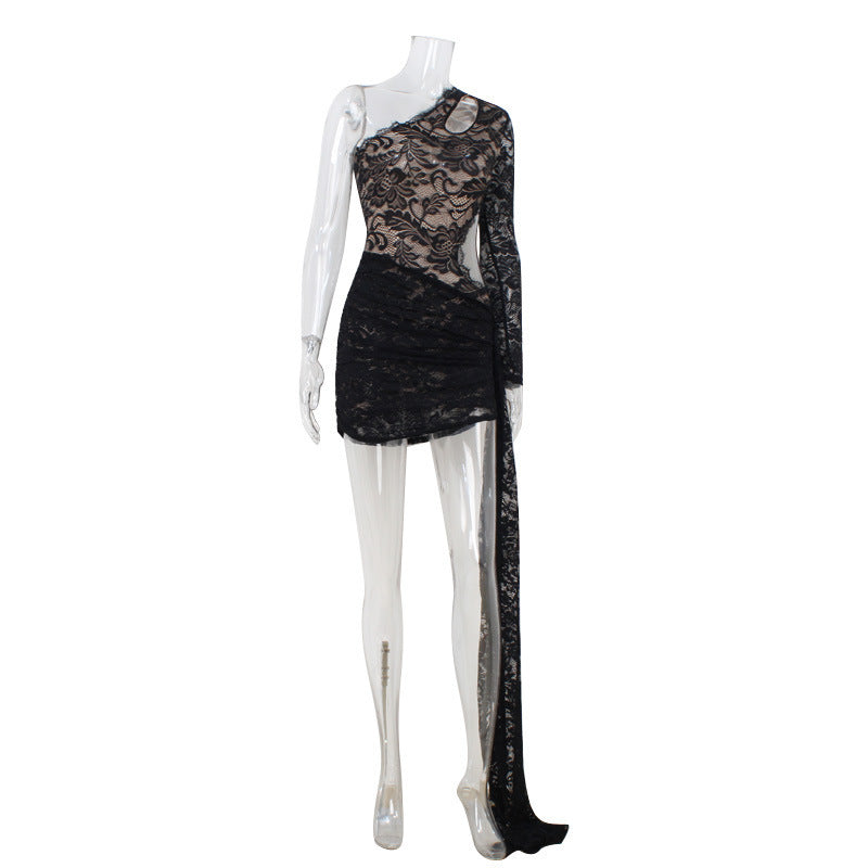 Spring Summer Diagonal Collar Sexy Lace Close Fitting Slim Fitting Sheath Dress Red Carpet Performance Dress