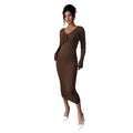 Brown V neck Dress Women Spring Autumn Chest Twist Design Slim Fit Three Quarter Sleeve Commuting Elegant Dress