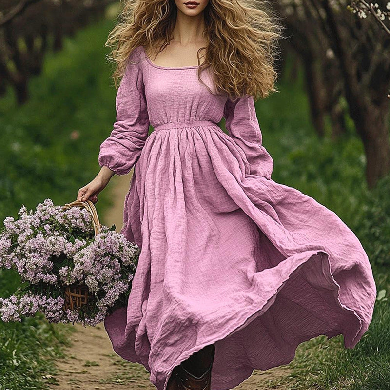 Fall Women Clothing off Neck Retro Solid Color Long Sleeve Big Hem Dress