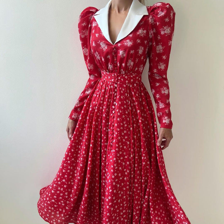 Contrast Color Design Collared Long Sleeve A line Women Waist Controlled Printed Large Swing Dress