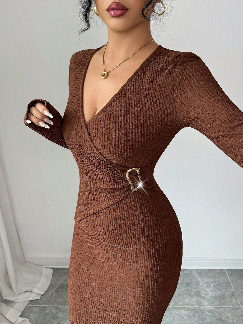 Cross Collar Knitted Texture Solid Color Slim Slimming Dress Women Winter