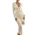 Lace Deep V Plunge Cross Slim Knit Dress Long Sleeve Mid Length Hip Skirt Date Slimming Base Dress