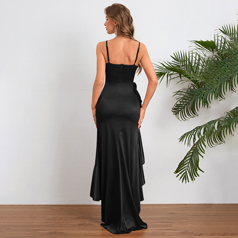 Women Autumn Slit Sexy Spaghetti Strap Ruffle Dress