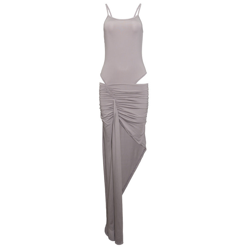 Sexy Sling Slim Fit Waist Pleating Design High Slit Sheath Maxi Dress