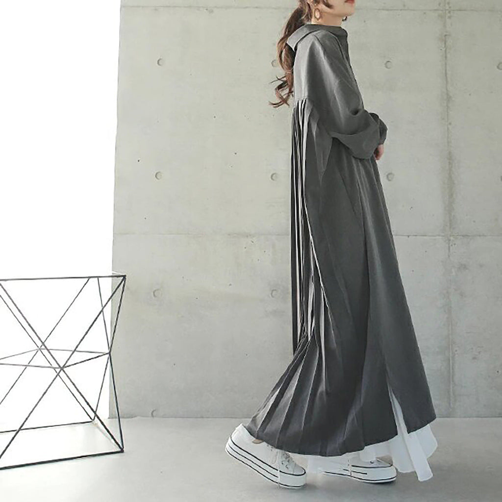 Spring Autumn Loose Overknee Dress Women Casual Large Version Back Pleated Long Shirt Dress